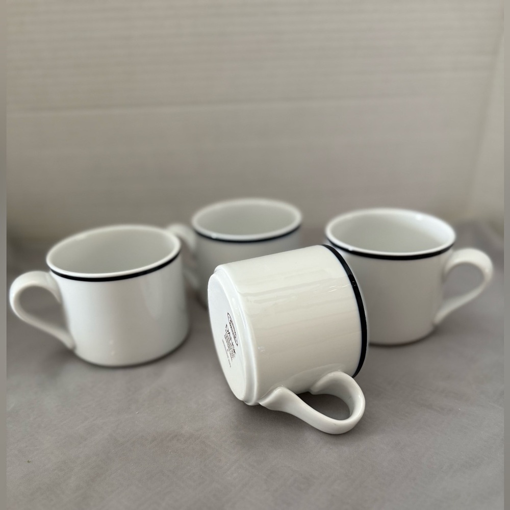 Dansk Bristo Classic Ceramic White Mugs Cups with Blue Rim Portugal Set of 4